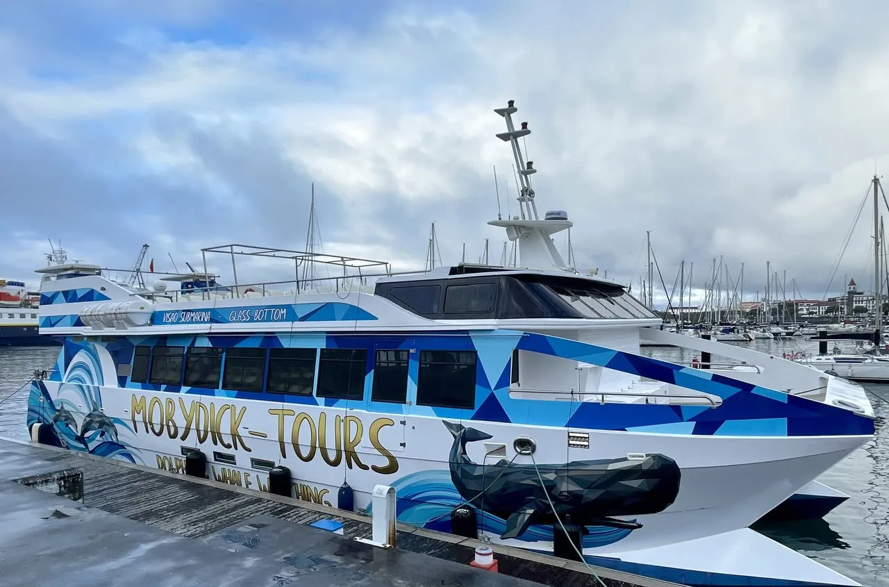 The new MobyDick-Tours catamaran moored at Portas do Mar marina